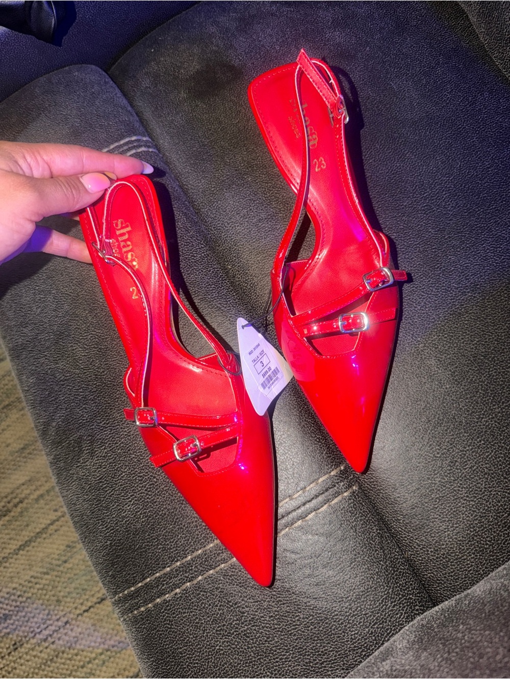 SHASHI Red Patent Pointed Slingback Pumps with Double Buckles
